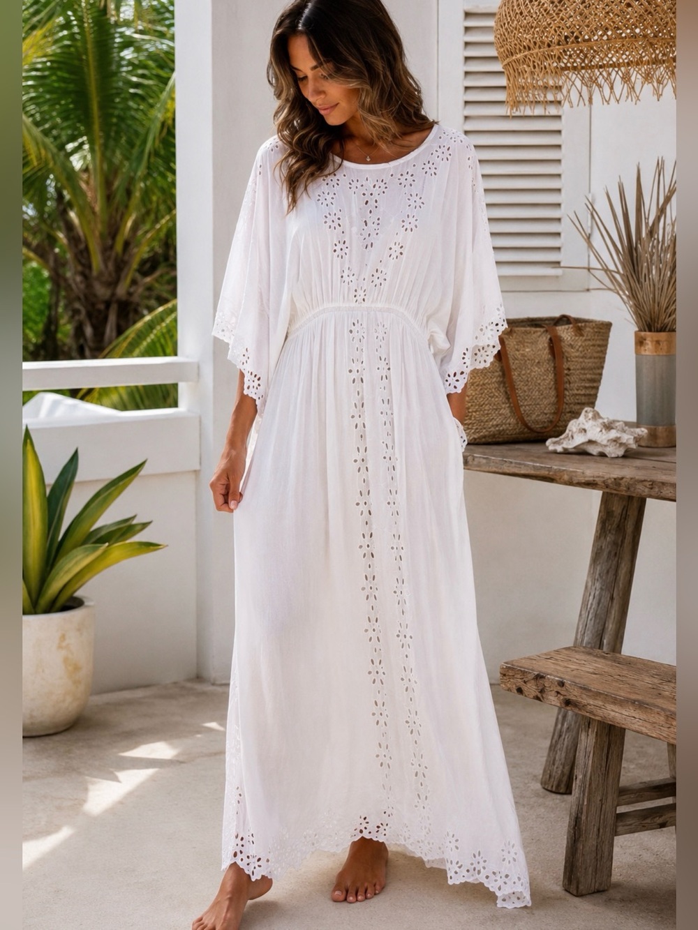 NWT Tiare Hawaii White Eyelet Maxi Dress Boho Resort Beach Cover Up OS Rayon